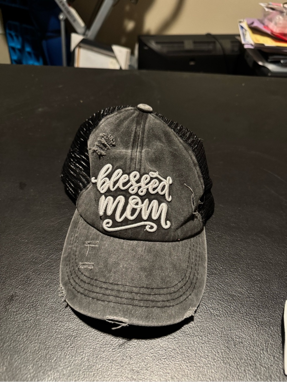 Blessed Mom Distressed Trucker Hat - Black